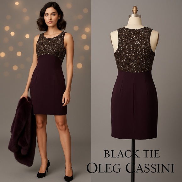 Y2K Black Tie,Oleg Cassini,Lux Plum Beaded Sequin Cocktail Evening Dress,Size 10 - Picture 7 of 10